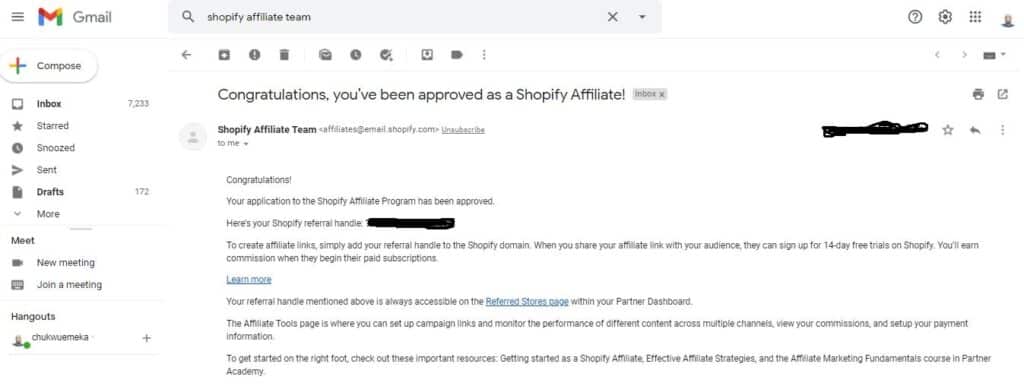 Shopify affiliate approval email