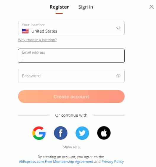 creating an account on aliexpress