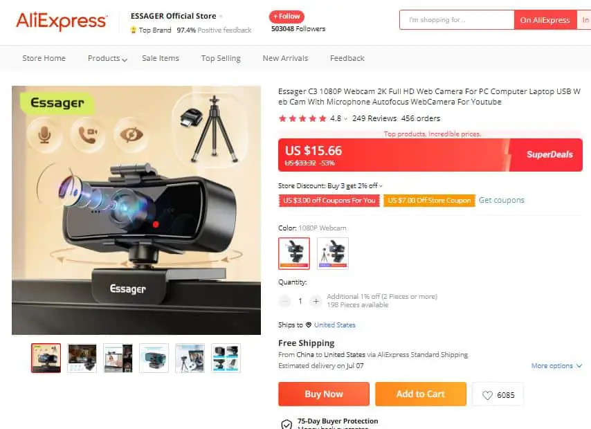 product page on aliexpress 