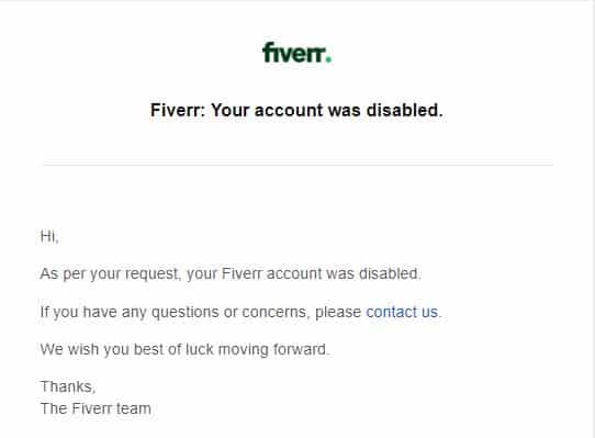 Email from Fiverr showing your account has been disabled