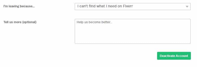 Fiverr account  deactivation description box 