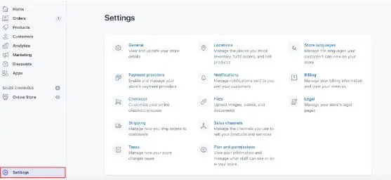 settings option on Shopify canada