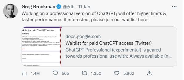 ChatGPT will release professional version says Greg Brockman