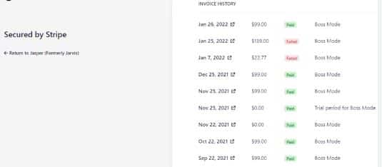 My Jasper AI payment invoice history