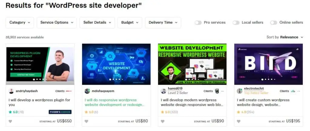 Fiverr showing results of sellers for WordPress services