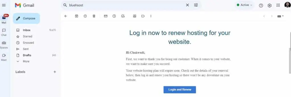 bluehost hosting renewal email