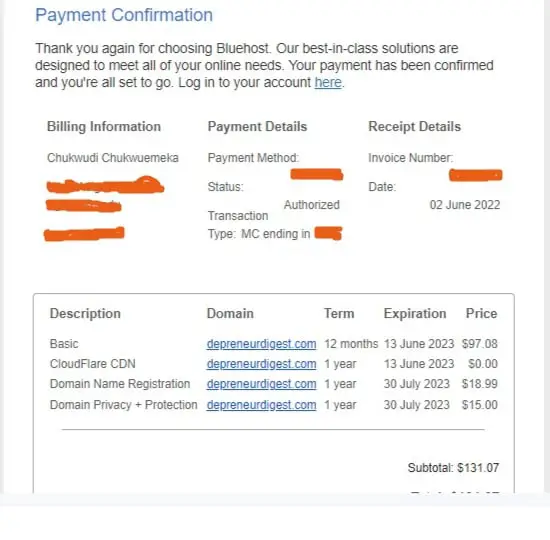 confirmation receipt from Bluehost