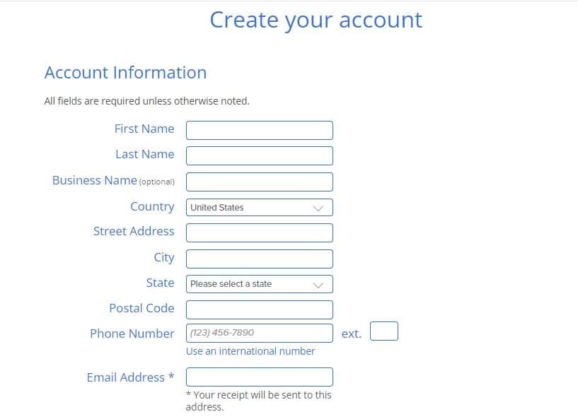 creating account information on Bluehost