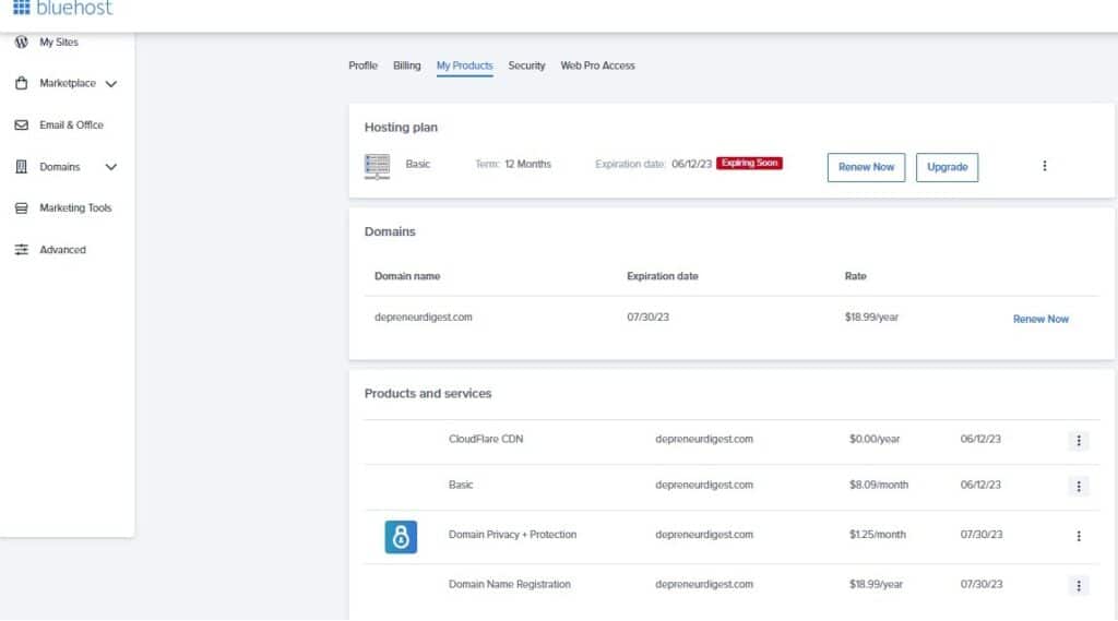 My product tab on Bluehost