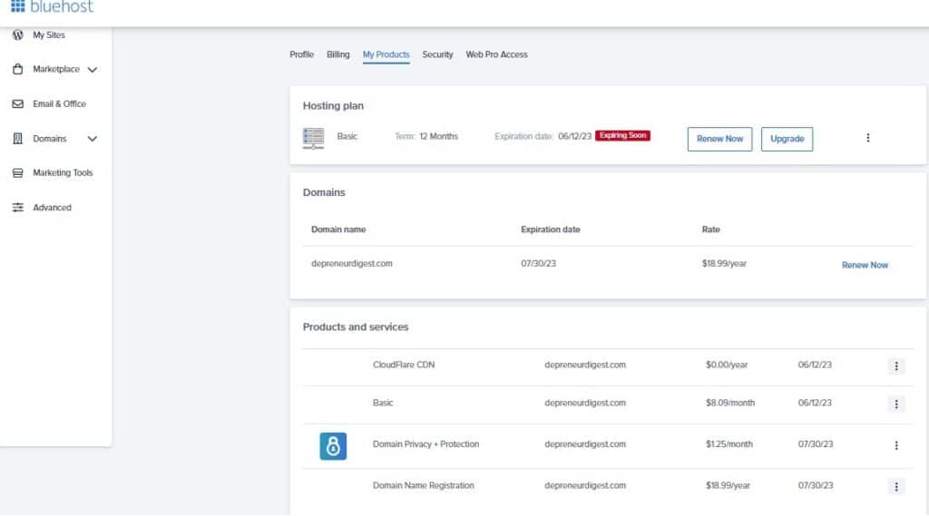 My product tab on Bluehost