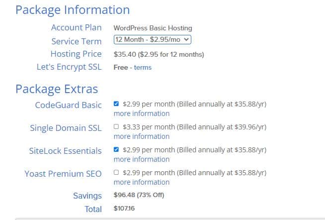 package information and package extras on Bluehost