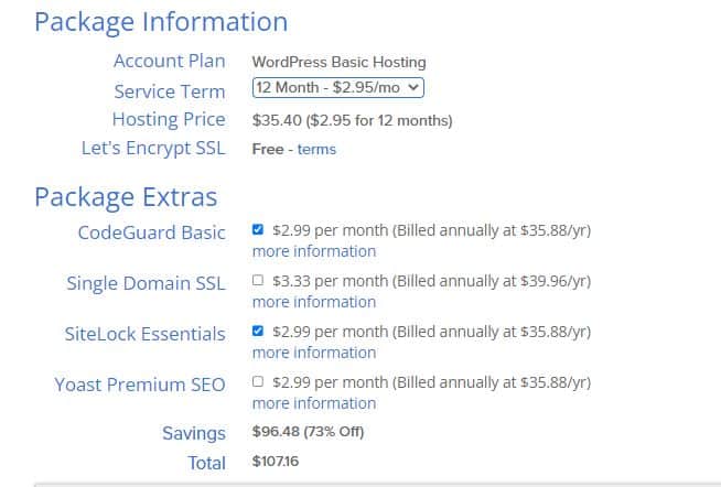 selecting  package information and package extra on Bluehost