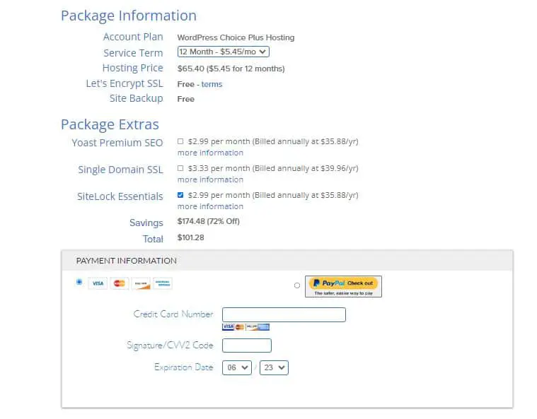 Bluehost package, package extra and payment information