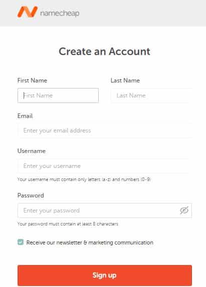 creating account for Namecheap web hosting