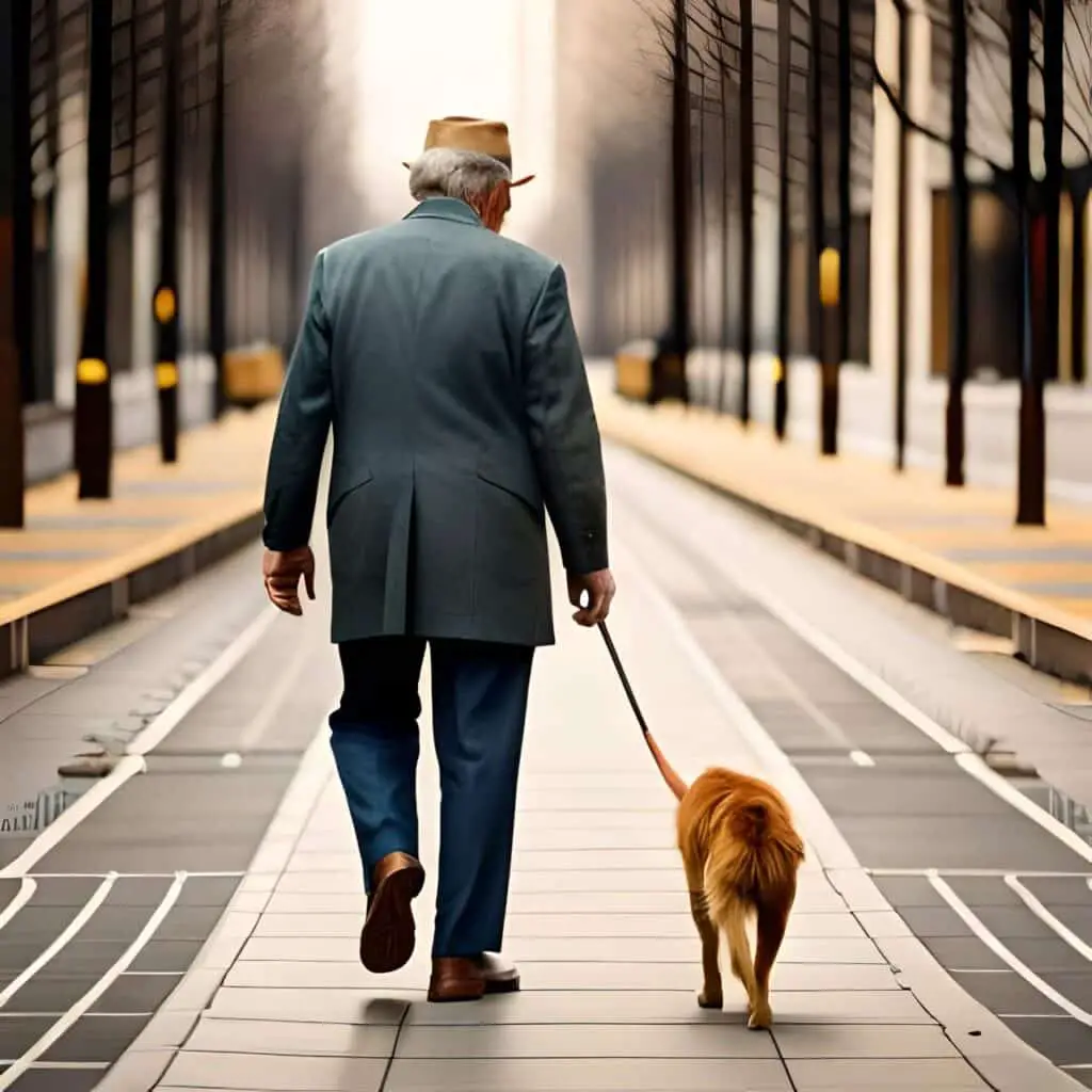 Senior citizen walking a dog