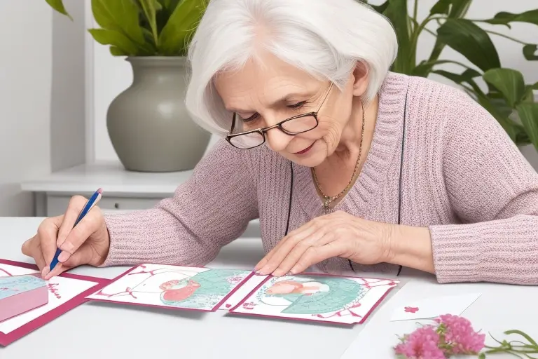 Senior citizen making greetings cards 