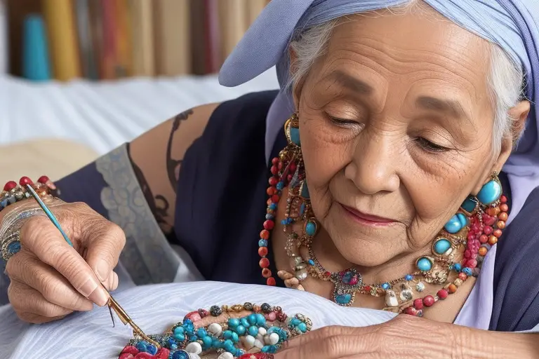 Senior citizen making jewelry with beads 