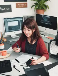 Woman writing a blog post for clients on her computer