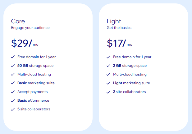 wix light vs wix core pricing plan