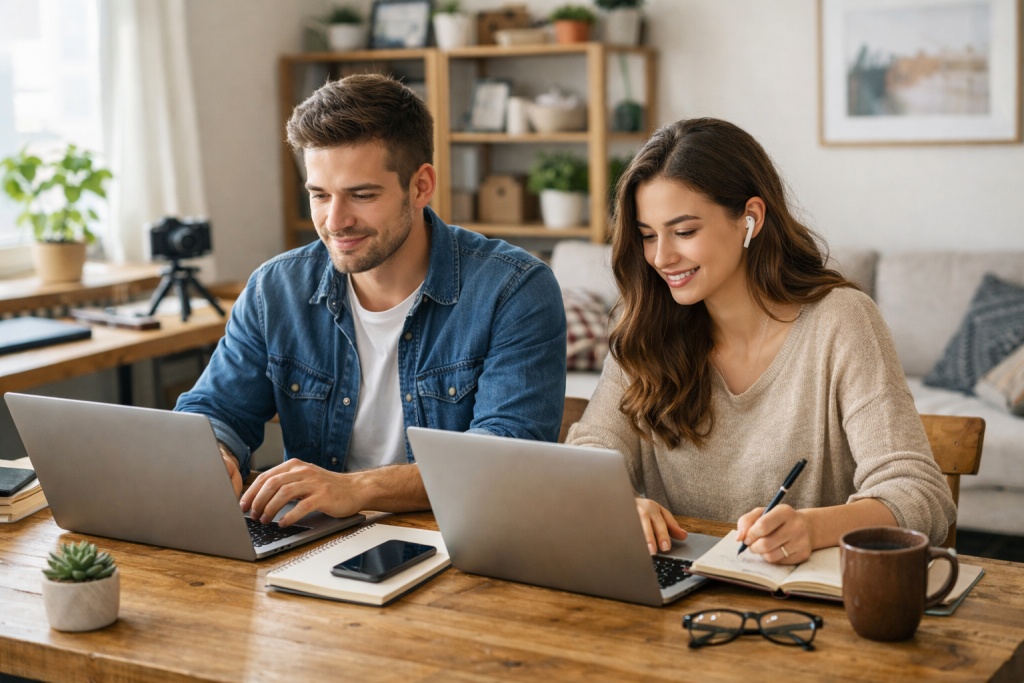 Casal trabalhando como escritores freelance