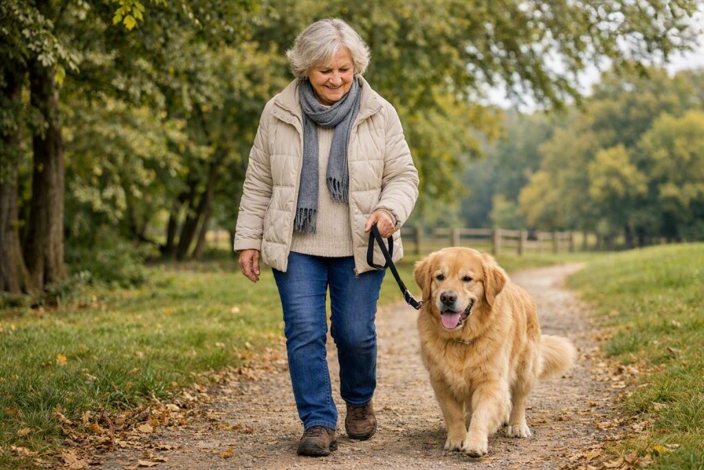 older woman working dog