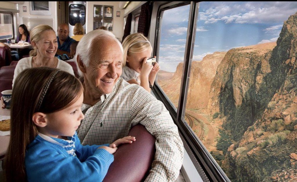 Senior taking train