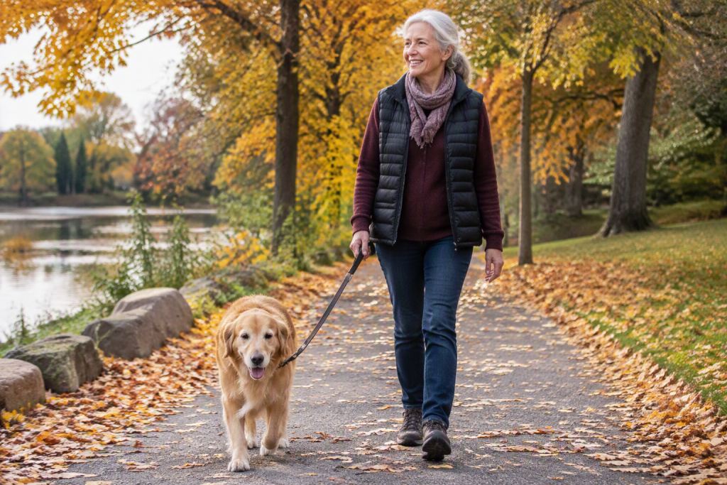 senior woman walking dog